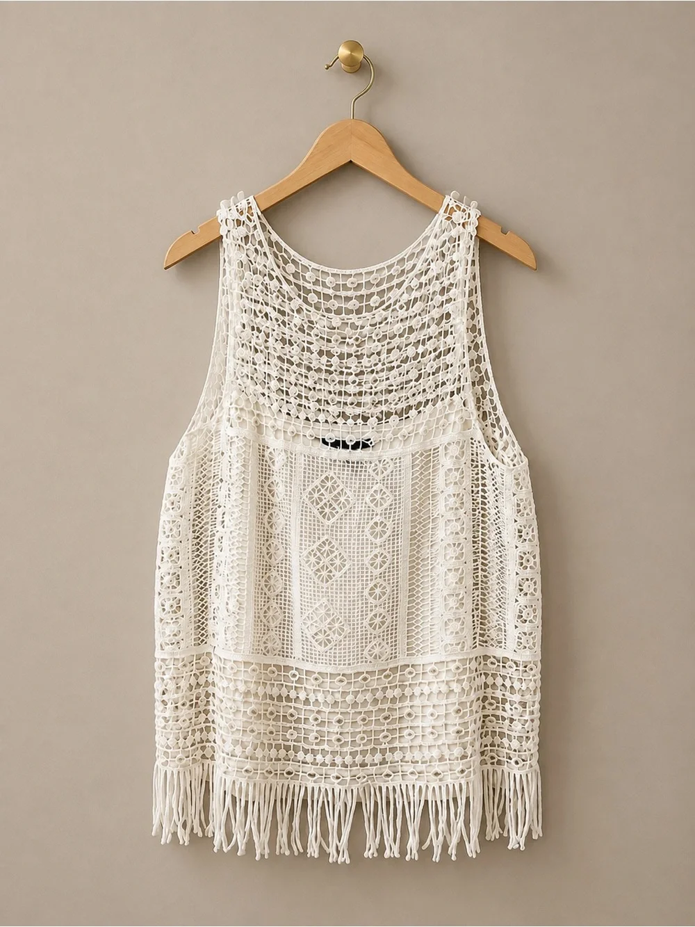 Lauren Ralph Lauren 1X Ivory Crochet Lace Fringe Boho Sleeveless Top
